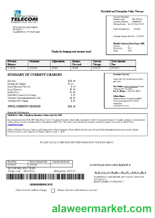 USA Waitsfield Telecom business utility bill template in Word and PDF formats